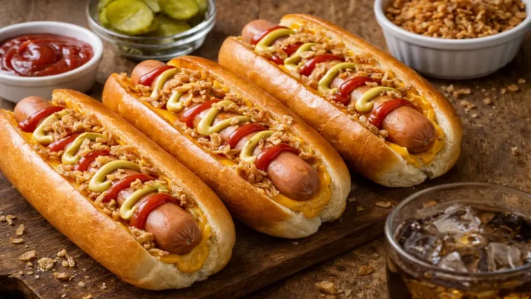 Hot-dogs maison garnis de saucisses de Francfort, cheddar fondu, ketchup, moutarde et oignons frits