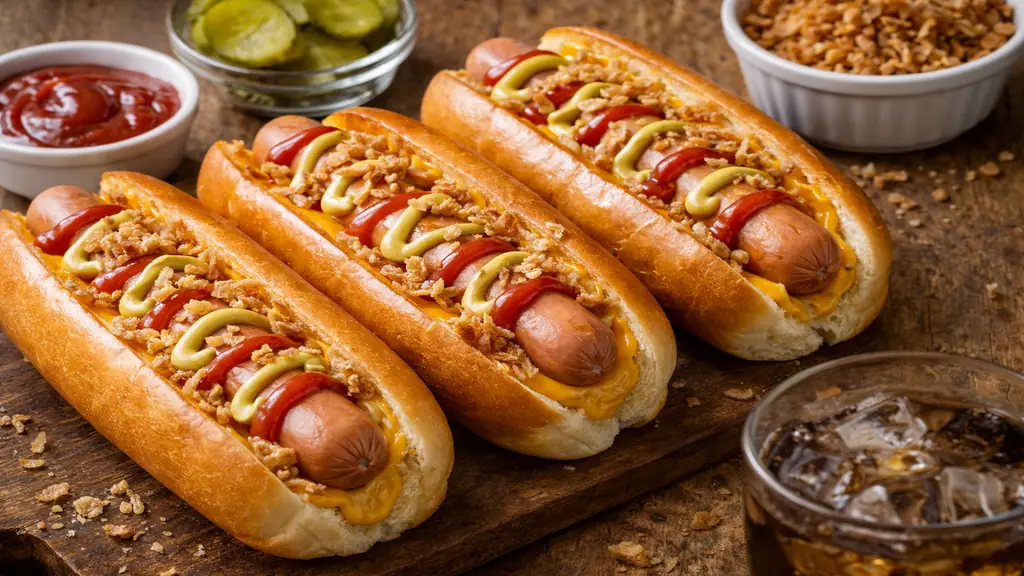 Hot-dogs maison garnis de saucisses de Francfort, cheddar fondu, ketchup, moutarde et oignons frits