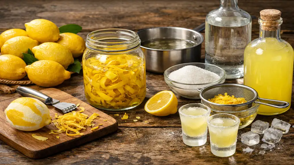 Recette limoncello maison : méthode infaillible et ratios précis selon votre alcool 1 Préparation artisanale du limoncello maison avec zestes de citron macérant dans l’alcool, citrons frais, sirop de sucre et verres de limoncello glacé