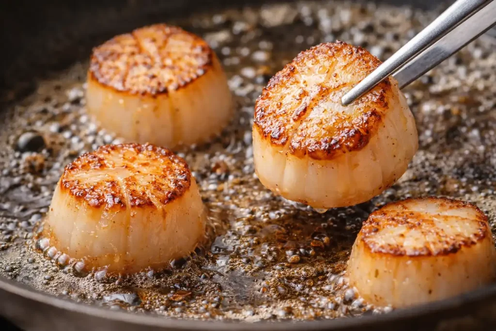Noix de Saint-Jacques poêlées dorées au beurre et à l’huile avec cœur nacré dans une poêle bien chaude