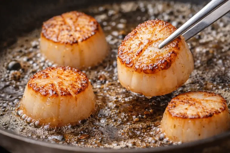 Recette Saint-Jacques poêlées : technique infaillible et cuisson parfaite en 4 minutes 10 Noix de Saint-Jacques poêlées dorées au beurre et à l’huile avec cœur nacré dans une poêle bien chaude