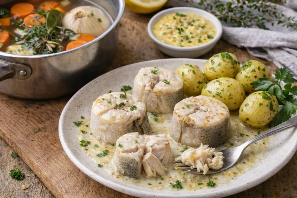 Saumonette (roussette) pochée au court-bouillon, servie avec pommes de terre vapeur et sauce moutarde crémeuse, présentée dans une assiette rustique.