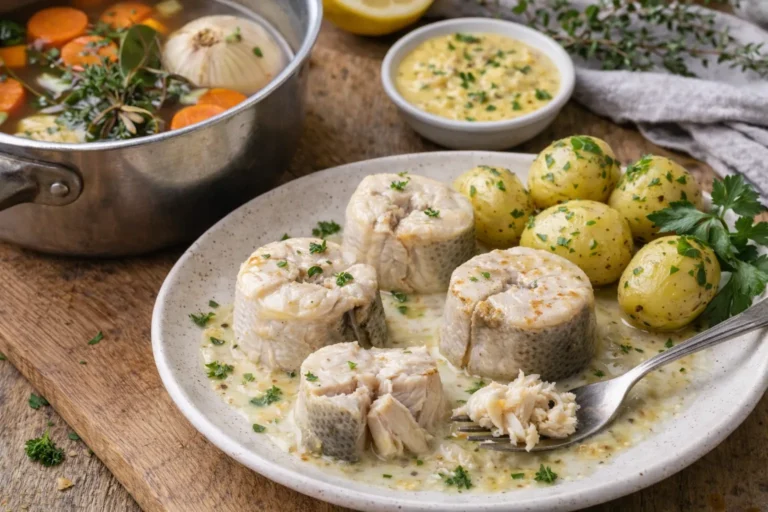 Saumonette (roussette) pochée au court-bouillon, servie avec pommes de terre vapeur et sauce moutarde crémeuse, présentée dans une assiette rustique.