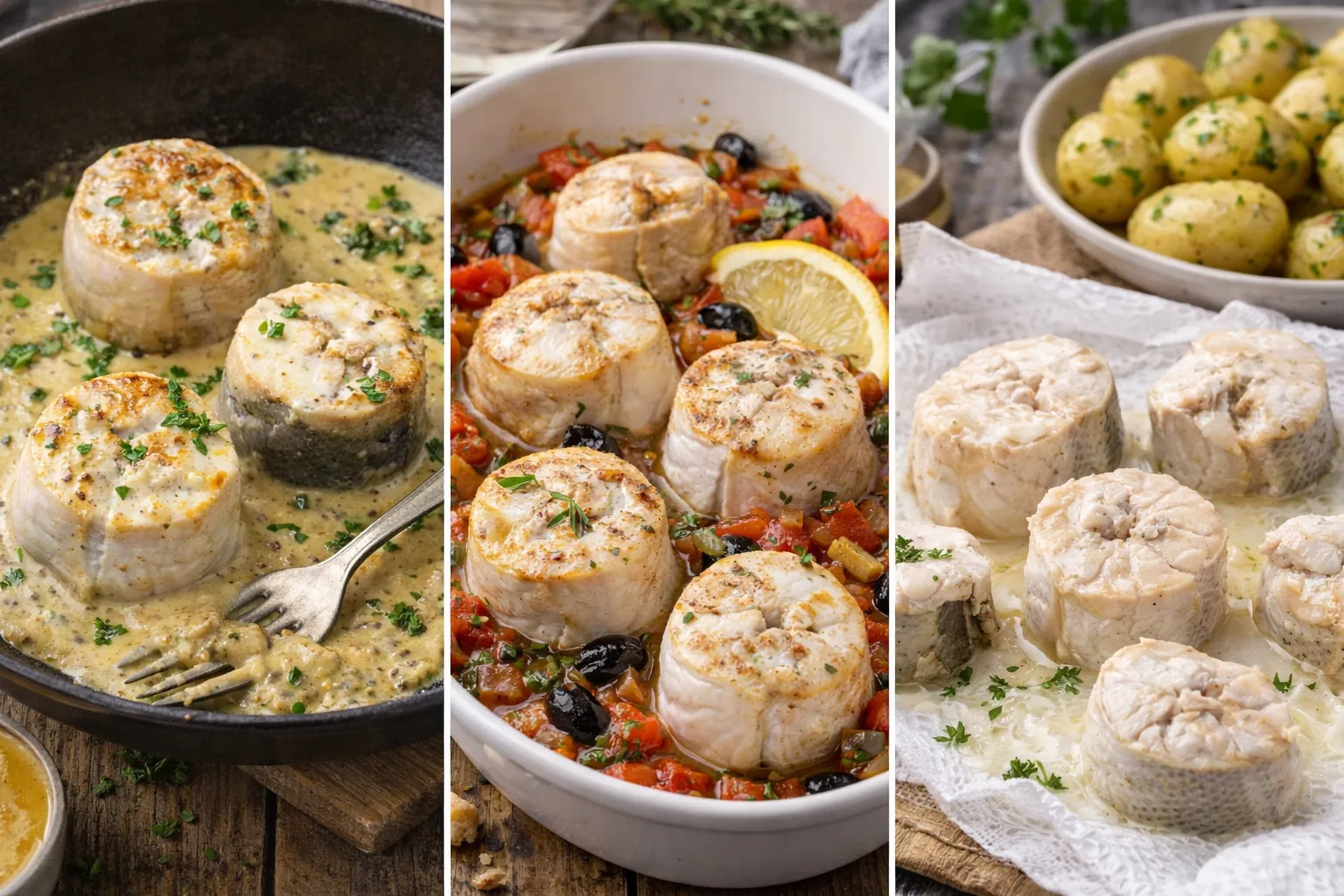 Tronçons de saumonette (roussette) cuits à la poêle avec sauce moutarde, au four façon provençale et au court-bouillon, accompagnés de pommes de terre vapeur.