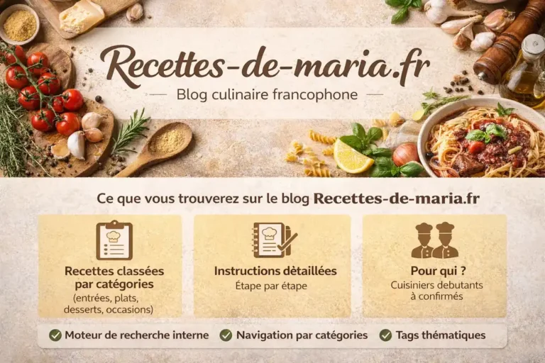 Recettes de Maria.fr blog : guide complet du site, navigation et contenus disponibles 1 Présentation du blog culinaire Recettes-de-maria.fr avec ingrédients de cuisine et organisation des recettes par catégories