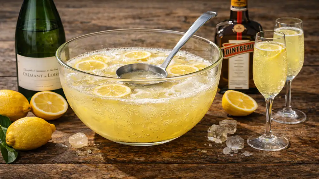 Soupe angevine servie en apéritif dans un saladier avec crémant de Loire, citron et liqueur d’orange