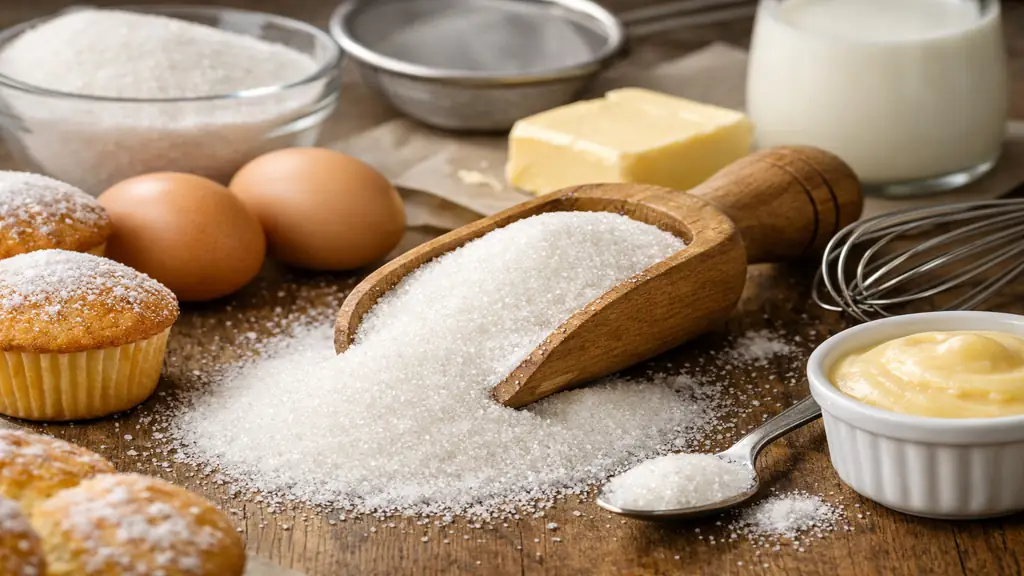 Sucre semoule en grains fins présenté avec ingrédients de pâtisserie sur plan de travail en bois