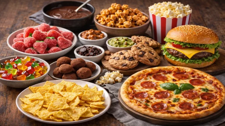 Assortiment de recettes Tonbonbon avec bonbons maison, popcorn caramélisé, nachos, cookies, burger et pizza sur table en bois