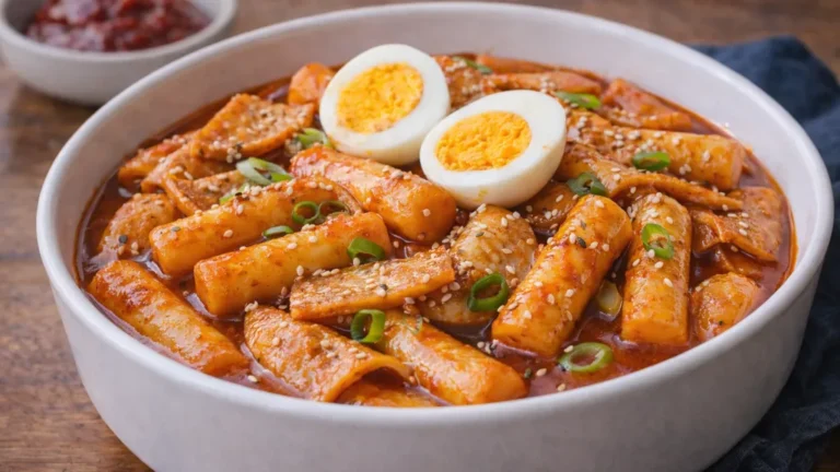 Topokki coréen (tteokbokki) avec gâteaux de riz mijotés dans une sauce gochujang épicée, galettes de poisson, œufs durs, cébettes et graines de sésame