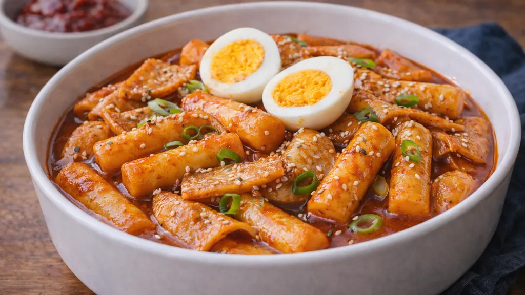 Topokki (tteokbokki) : recette maison, ingrédients et où acheter en France 1 Topokki coréen (tteokbokki) avec gâteaux de riz mijotés dans une sauce gochujang épicée, galettes de poisson, œufs durs, cébettes et graines de sésame