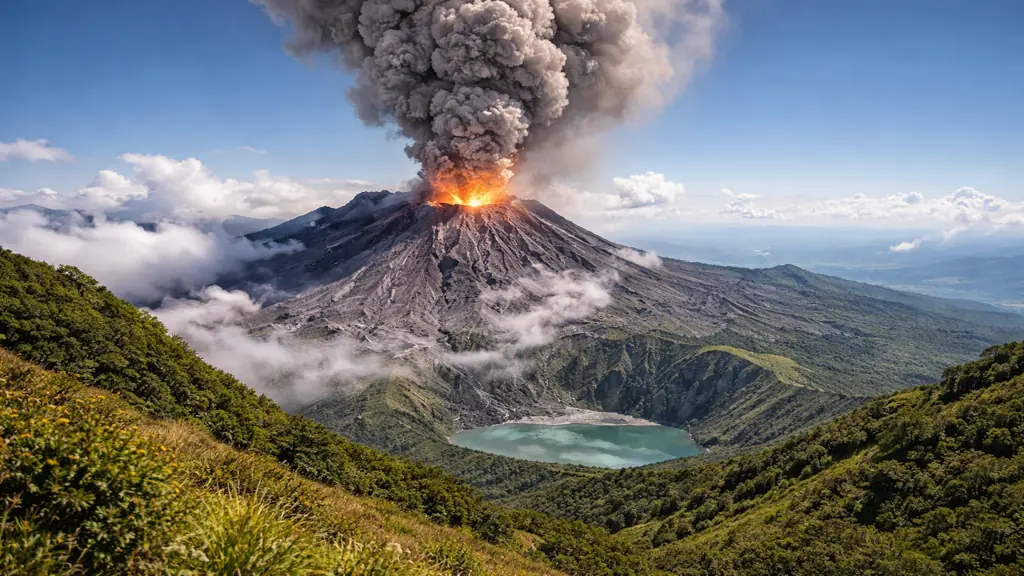 Vue réaliste du mont Aso au Japon, volcan actif situé sur l’île de Kyūshū, avec son cratère en activité et la caldeira entourée de paysages verdoyants.