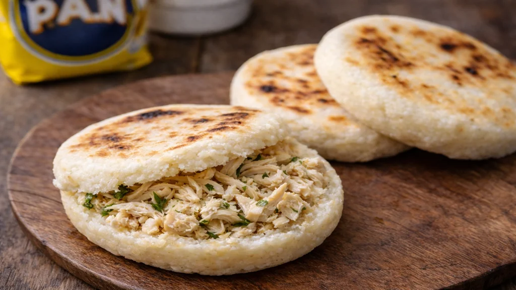 Arepas maison dorées à la poêle, galettes de maïs épaisses garnies de poulet effiloché, spécialité du Venezuela et de la Colombie.