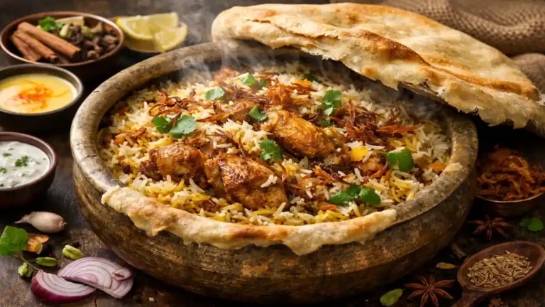 Biryani : recette authentique, technique dum et secrets pour le réussir à la maison 2 Biryani au poulet authentique cuit en méthode dum dans une cocotte traditionnelle avec riz basmati safrané et oignons frits croustillants