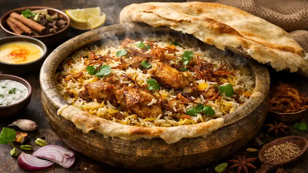 Biryani au poulet authentique cuit en méthode dum dans une cocotte traditionnelle avec riz basmati safrané et oignons frits croustillants