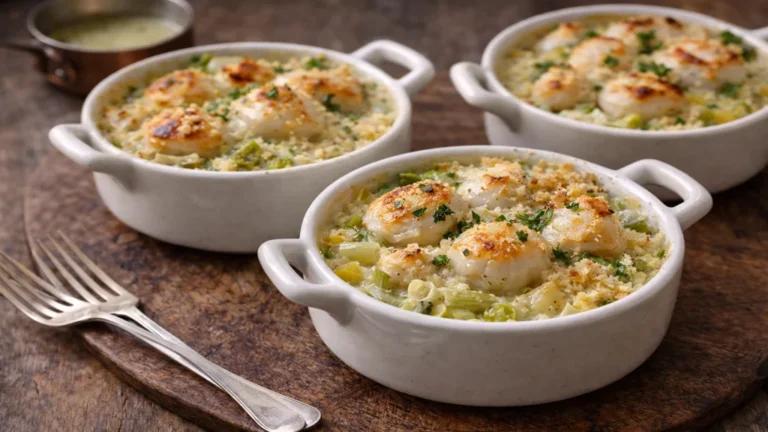 Cassolettes de Saint-Jacques gratinées au four avec fondue de poireaux à la crème et chapelure dorée, entrée festive aux noix de Saint-Jacques.