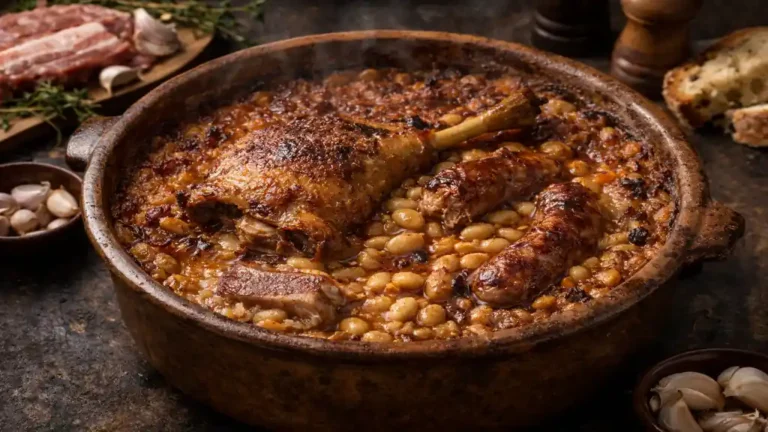 Cassoulet recette maison : haricots, viandes, montage et cuisson au four expliqués pas à pas 4 Cassoulet traditionnel maison en cassole avec haricots lingots, confit de canard et saucisse de Toulouse gratinés au four