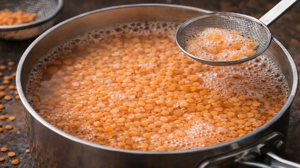 Cuisson lentilles corail : temps, ratio eau et réglages selon l'usage 1 Cuisson des lentilles corail dans une casserole avec écumage de la mousse à la surface pendant le frémissement