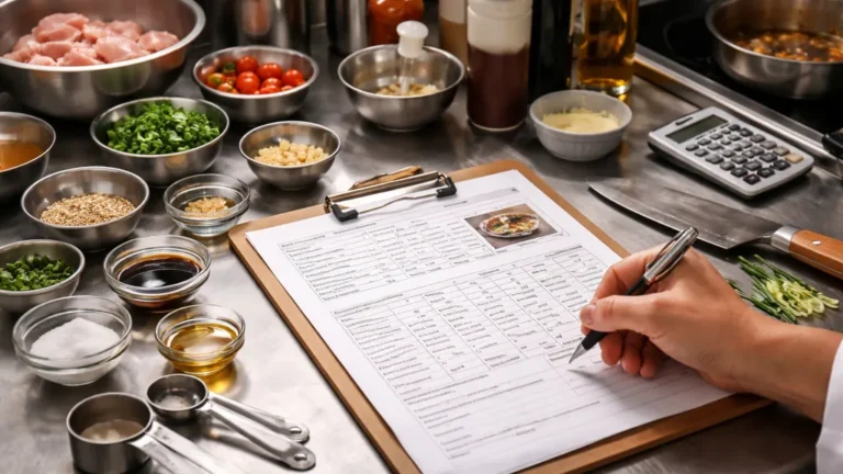 Chef en cuisine professionnelle remplissant une fiche technique de recette avec ingrédients pesés et matériel de préparation sur plan de travail inox