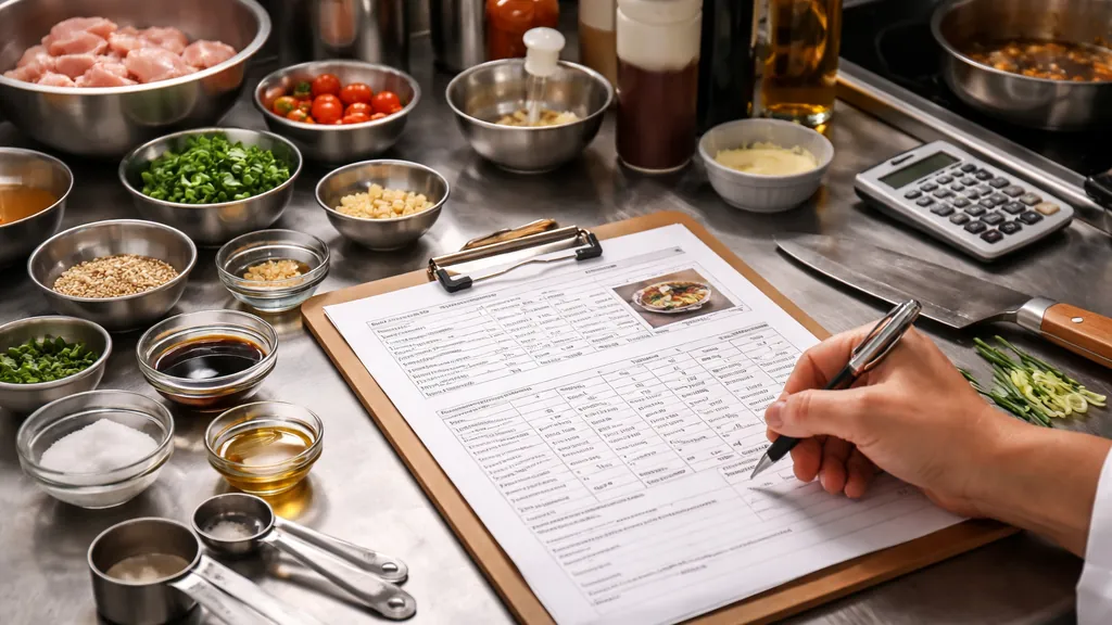 Chef en cuisine professionnelle remplissant une fiche technique de recette avec ingrédients pesés et matériel de préparation sur plan de travail inox