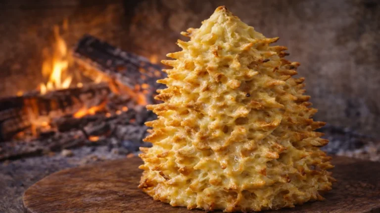 Gâteau à la broche traditionnel des Pyrénées et de l’Aveyron, forme conique aux picots dorés cuit devant un feu de bois.