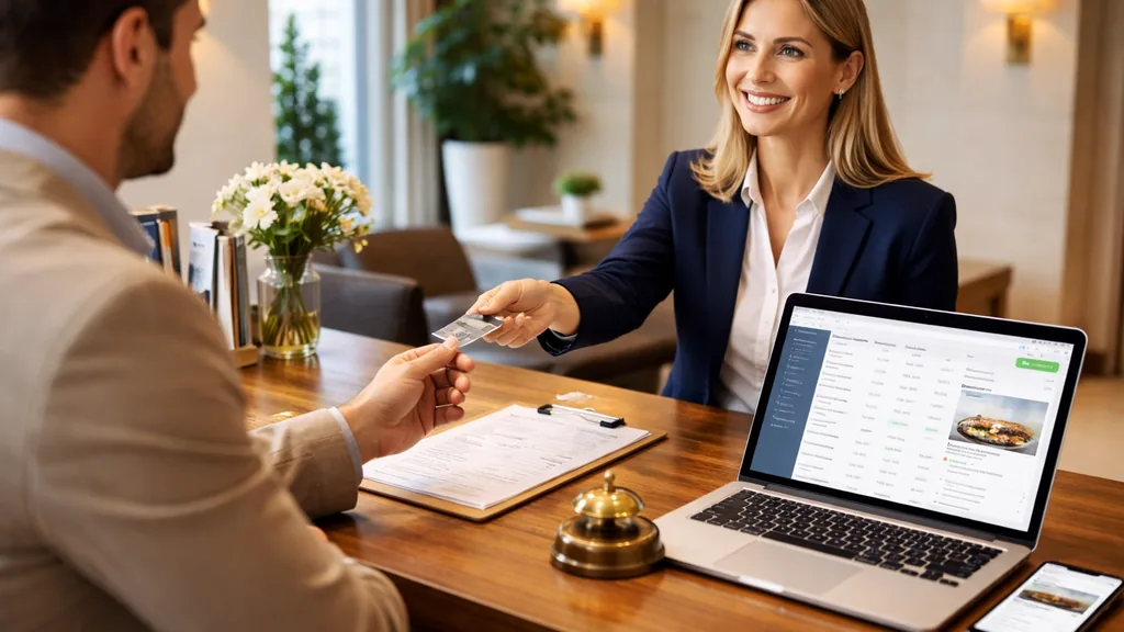 Réceptionniste d’hôtel remettant une carte magnétique à un client au comptoir, avec ordinateur affichant les réservations et ambiance chaleureuse de lobby