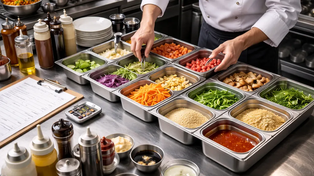 Chef en cuisine professionnelle organisant la mise en place avec bacs inox d’ingrédients préparés, sauces en squeeze bottles et plan de travail en inox