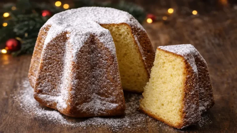 Pandoro : tout savoir sur ce gâteau de Noël italien, comment le servir et comment le choisir 2 Pandoro italien de Vérone en forme d’étoile saupoudré de sucre glace, tranche révélant une mie moelleuse et beurrée sur table en bois.