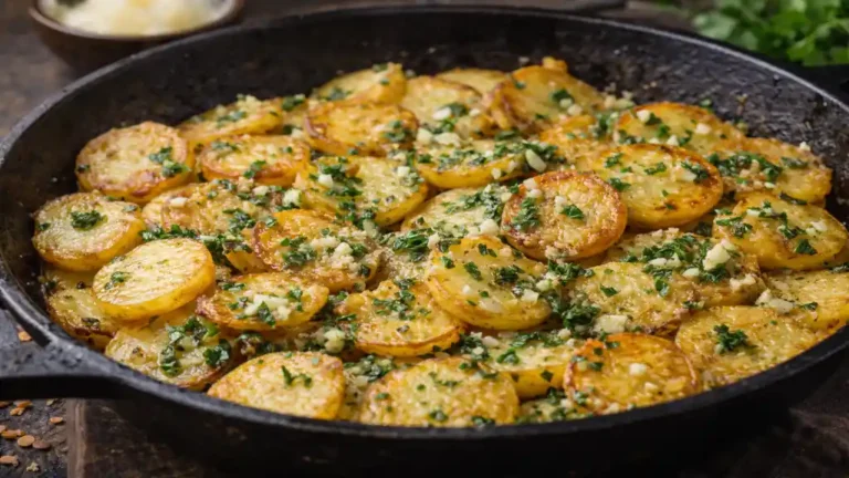 Pommes de terre sarladaises dorées à la graisse de canard avec persillade ail et persil dans une poêle en fonte