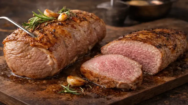 Quasi de veau : cuisson au four et en cocotte pour une viande tendre et rosée 10 Rôti de quasi de veau rosé tranché sur planche en bois avec ail et romarin après cuisson au four