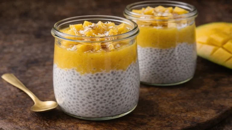 Recette graines de chia : chia pudding de base + 10 idées rapides à essayer 6 Chia pudding au lait végétal garni de mangue fraîche et noix de coco, recette facile aux graines de chia en version petit-déjeuner healthy.