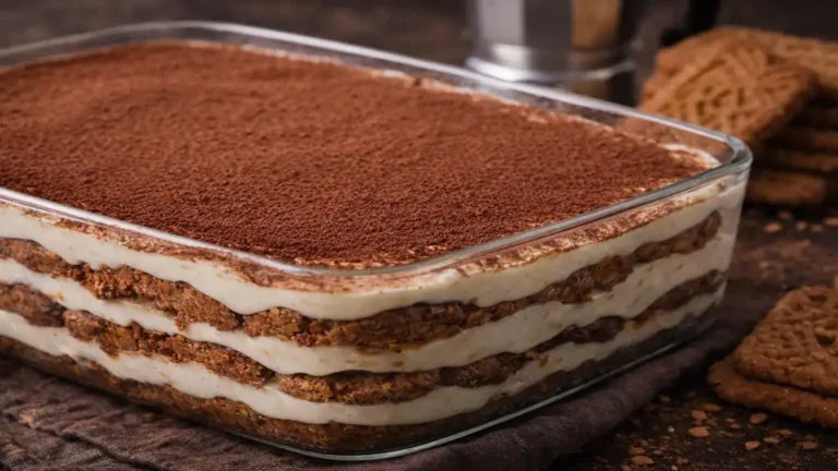 Tiramisu spéculoos : recette inratable, variante sans œuf et version verrines 5 Tiramisu spéculoos maison en plat familial avec couches de mascarpone crémeux et biscuits imbibés de café saupoudrés de cacao
