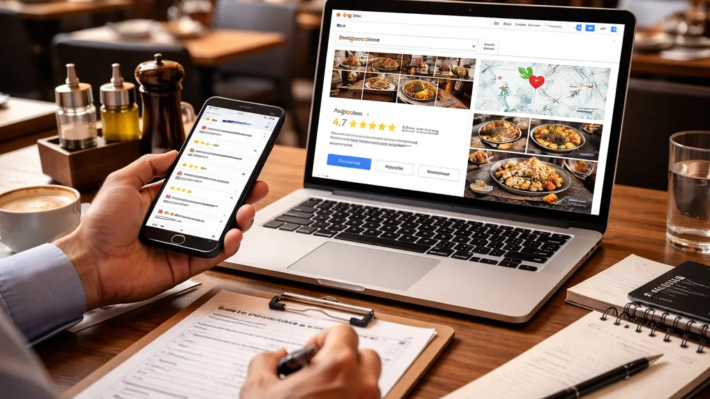 Gérant de restaurant consultant les avis clients et la fiche Google Business Profile sur ordinateur portable, avec réservations et notes visibles sur smartphone dans un restaurant moderne