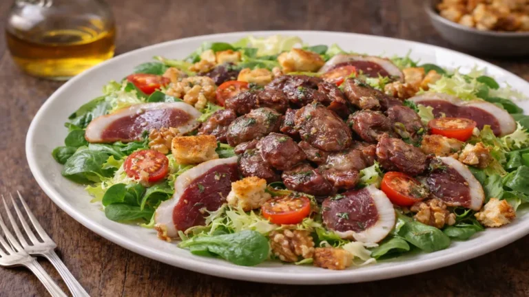 Salade périgourdine : recette authentique aux gésiers confits, vinaigrette huile de noix et variante foie gras 9 Salade périgourdine traditionnelle avec gésiers de canard confits tièdes, magret séché, noix, croûtons et vinaigrette à l’huile de noix.