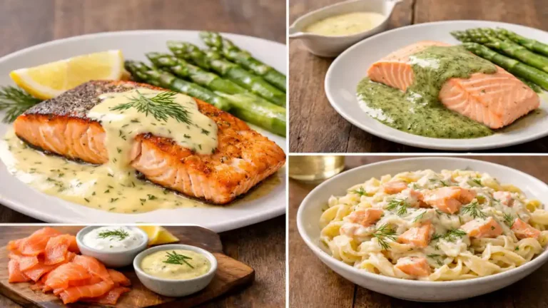 Sauce saumon : les meilleures recettes pour pavé grillé, saumon fumé et pâtes 2 Pavé de saumon grillé avec sauce crème citron aneth, saumon vapeur sauce à l’oseille et pâtes crémeuses au saumon disposés sur table en bois.