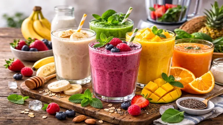 Smoothie recette : la méthode de base + 10 recettes rapides à faire au blender 1 Smoothies maison aux fruits rouges, mangue et banane dans des verres transparents sur table en bois, texture onctueuse et fraîche.