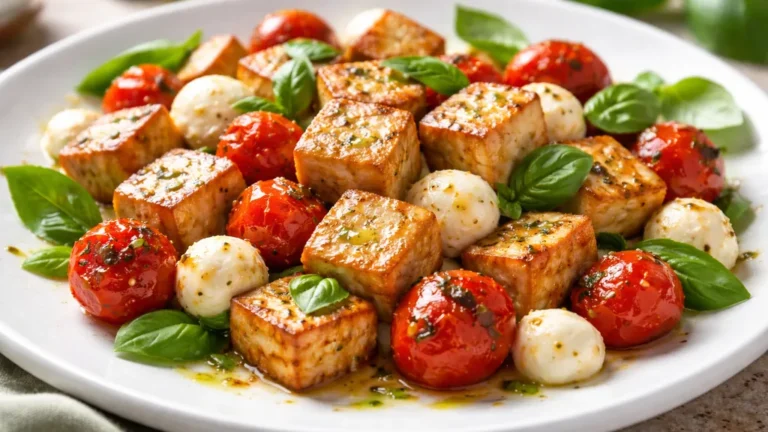 Tofu cuisiné tomate, mozzarella et basilic : idées simples pour des repas express 4 Assiette de tofu cuisiné tomate mozzarella basilic, tofu doré avec tomates cerises rôties et basilic frais.