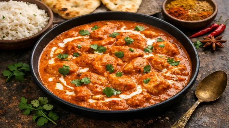 Butter chicken crémeux avec morceaux de poulet dans une sauce tomate au beurre et à la crème, servi avec riz basmati