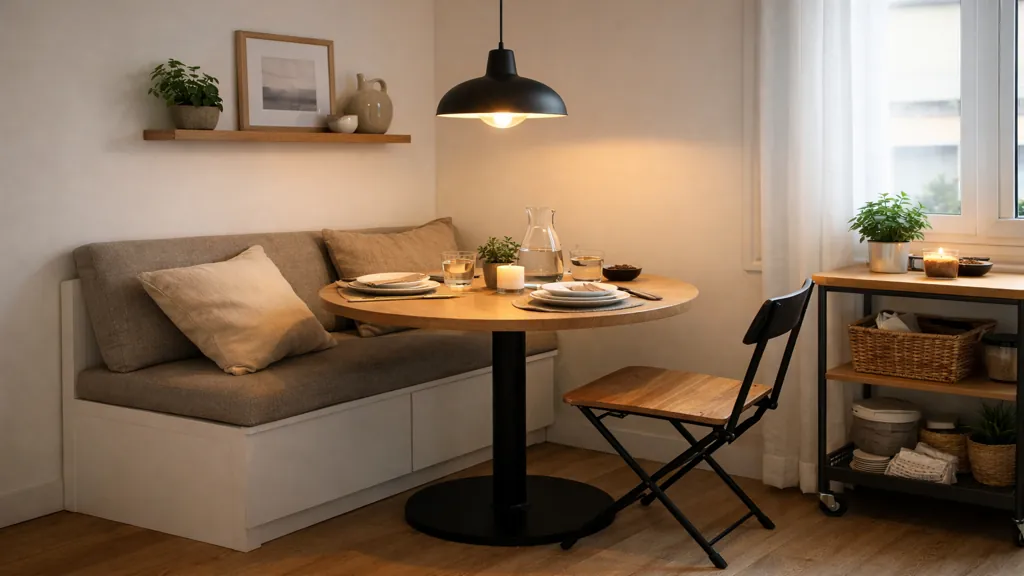 coin repas petit espace avec table ronde, banquette d’angle et éclairage chaleureux dans un appartement compact