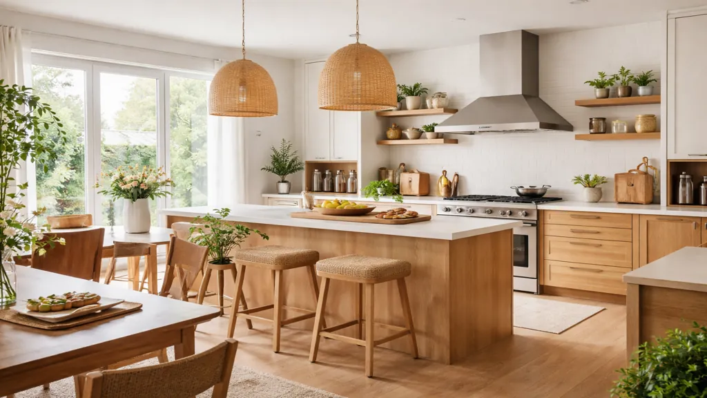 cuisine conviviale moderne avec îlot central en bois, espace lumineux et fonctionnel pour cuisiner et recevoir