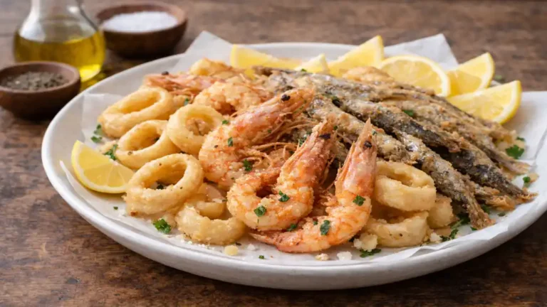 Fritto misto de fruits de mer avec calamars, crevettes et petits poissons frits, servi avec quartiers de citron