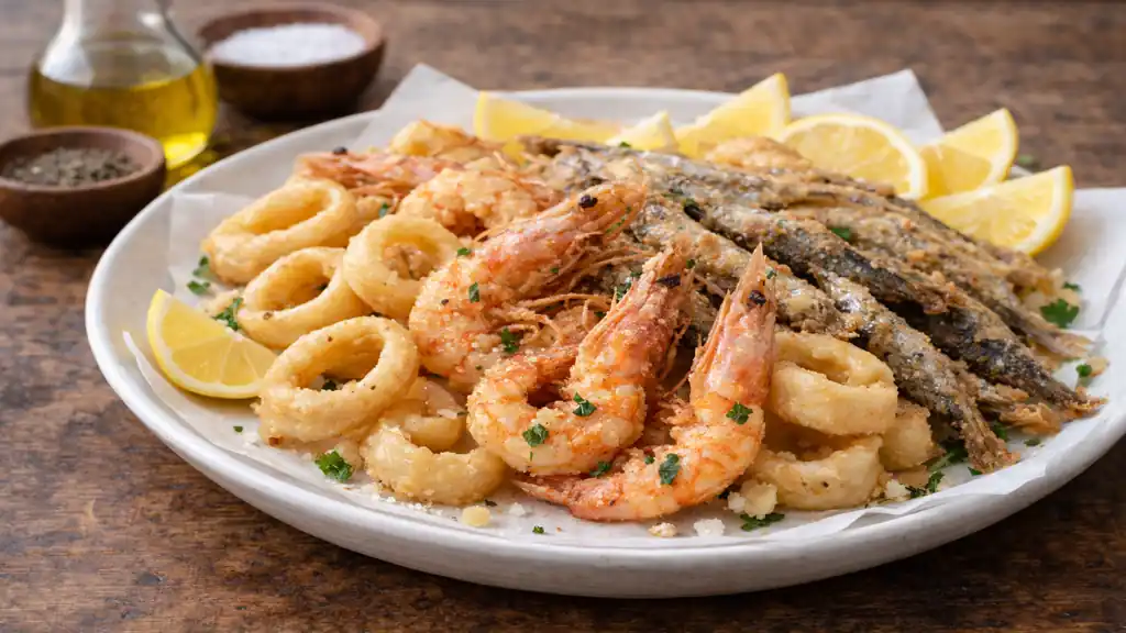 Fritto misto de fruits de mer avec calamars, crevettes et petits poissons frits, servi avec quartiers de citron
