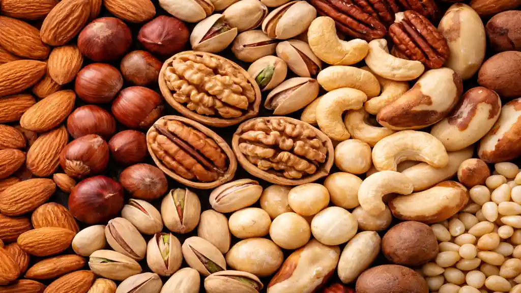 Fruits à coque : définition, liste complète, bienfaits et précautions 1 assortiment de fruits à coque amandes noisettes noix pistaches noix de cajou et noix de pécan en gros plan sur fond naturel