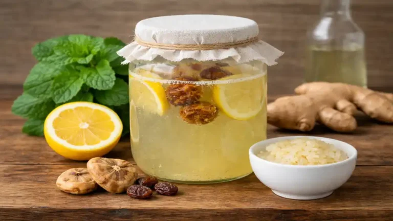Kéfir de fruits maison en bocal avec citron, figues sèches et grains de kéfir d’eau