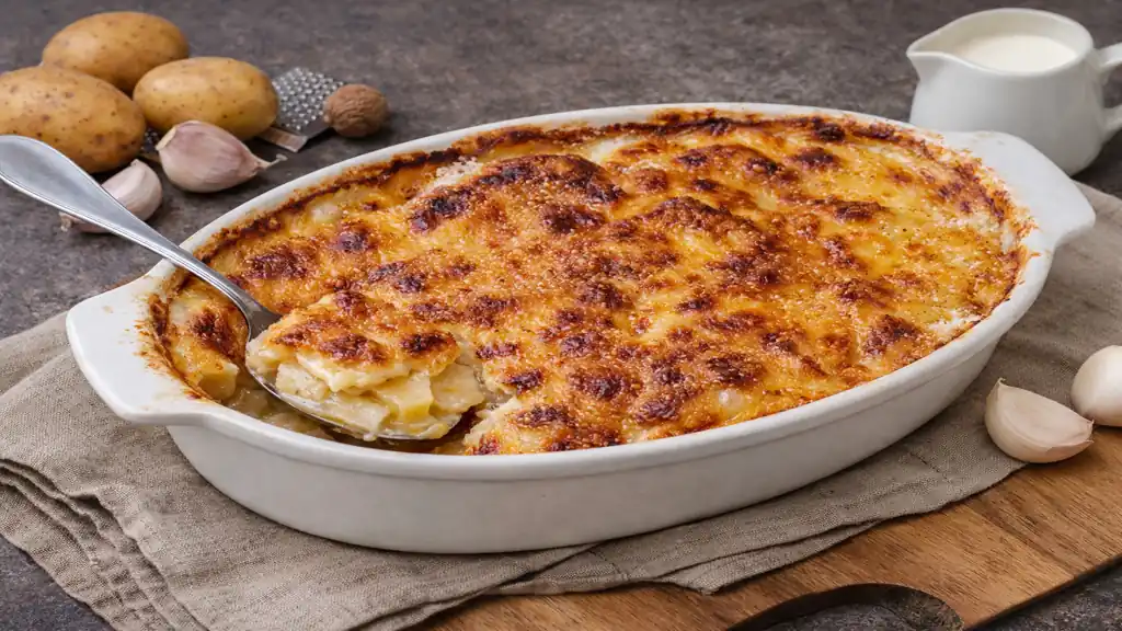 Vrai gratin dauphinois traditionnel avec pommes de terre fondantes, crème et surface dorée, sans fromage