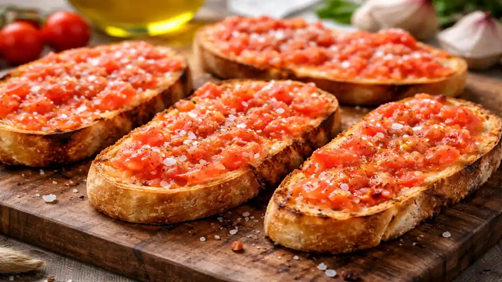 pan con tomate espagnol avec pain grillé frotté à l’ail tomate râpée huile d’olive et fleur de sel sur planche en bois