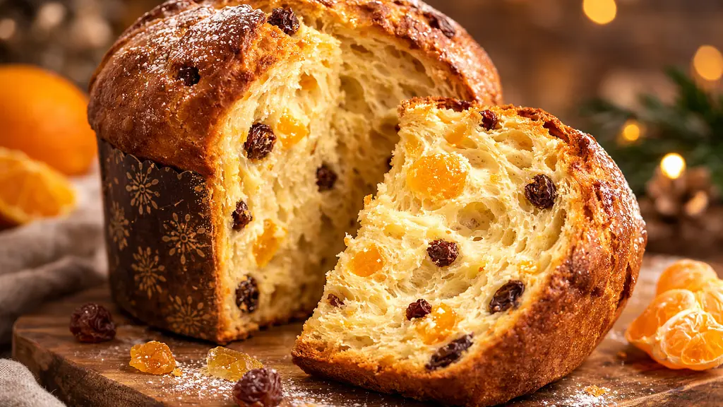 panettone italien maison coupé révélant une mie filante avec raisins secs et fruits confits