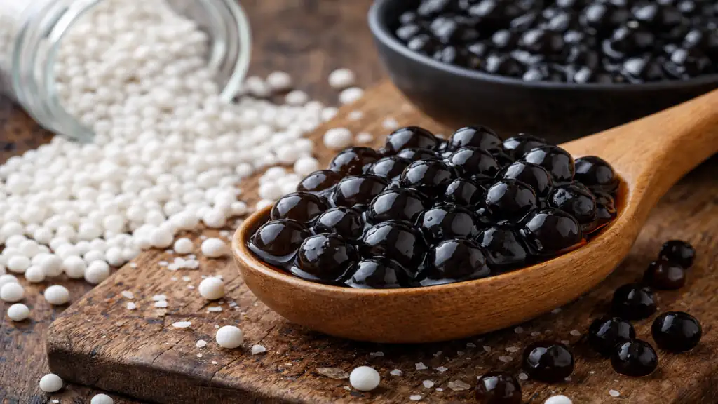 perles de tapioca noires cuites dans une cuillère en bois avec perles blanches sèches sur table rustique pour bubble tea et desserts
