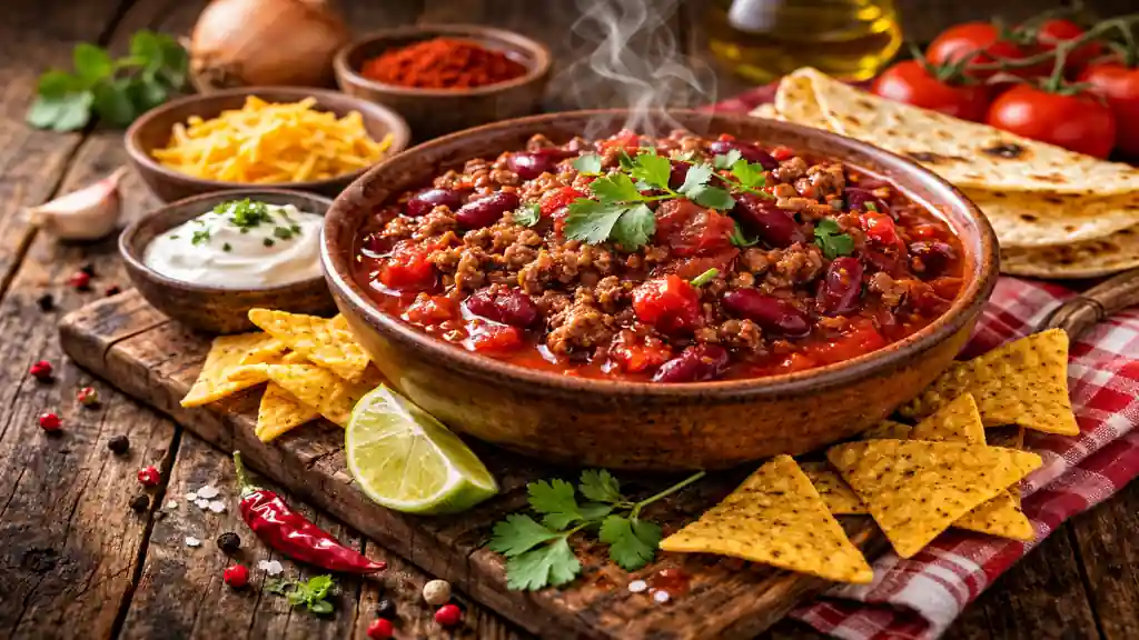 chili con carne maison dans un bol avec boeuf haché haricots rouges tomates et tortillas sur table rustique