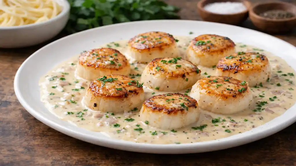 Noix de Saint-Jacques à la crème d’échalote, poêlées et dorées, servies dans une sauce onctueuse