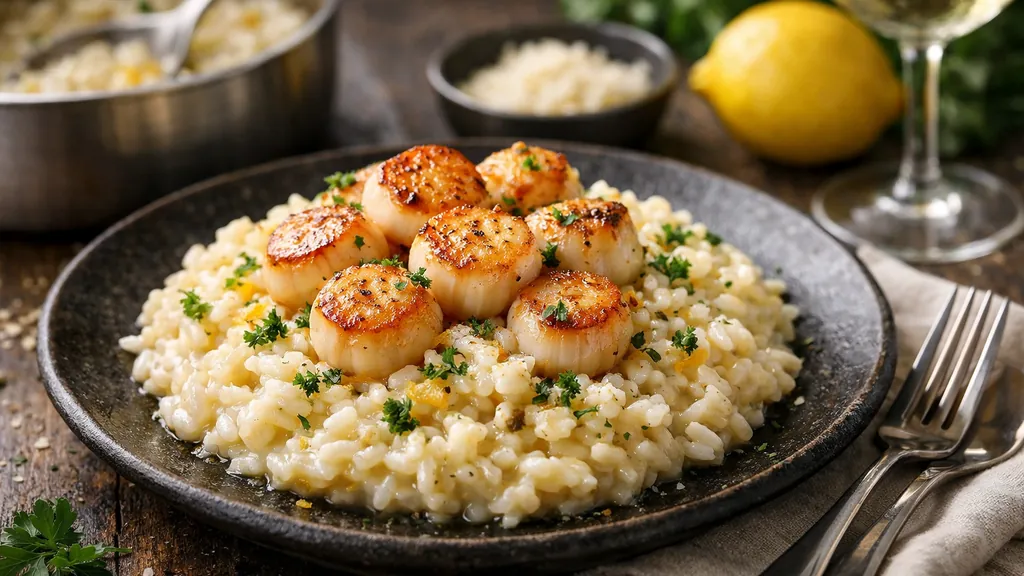 risotto crémeux aux noix de saint jacques poêlées servi dans une assiette avec parmesan et persil